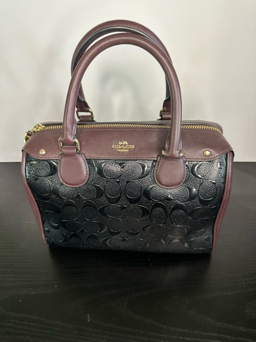 Coach Signature Debossed Black Patent Oxblood Mini Bennett Satchel F11920